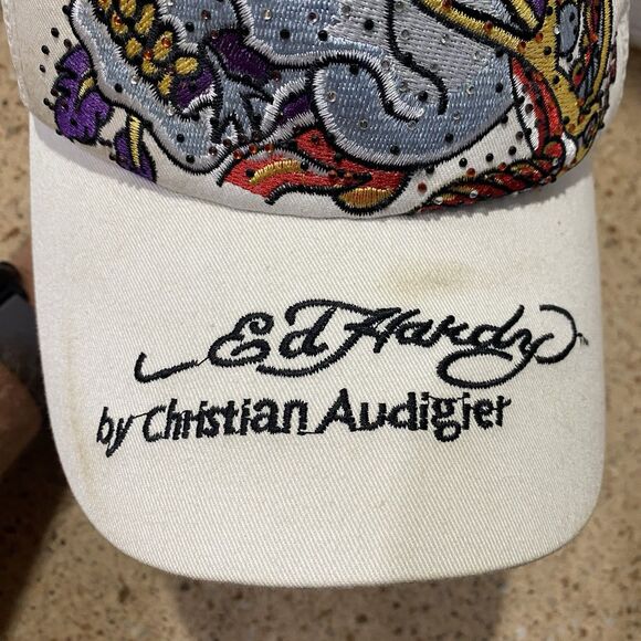 Vintage Ed Hardy By Christian Audigier White Skull With Rhinestones Trucker Hat main image 5